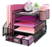 ideallife Desk Organizers and Accessories with File Holder, 5-Tier Paper Letter Tray Organiser with Drawer and 2 Pen Holder, Mesh Desktop Document Organizer for Office Supplies, Workspace - Black