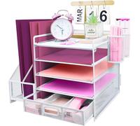 ideallife Desk Organizers and Accessories with File Holder, 5-Tier Paper Letter Tray Organiser with Drawer and 2 Pen Holder, Mesh Desktop Document Organizer for Office Supplies, Workspace - White