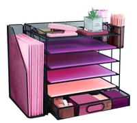 ideallife Desk Organizers and Accessories with File Holder, 6-Tier Paper Letter Tray Organiser with Drawer and 2 Pen Holder, Mesh Desktop Document Organizer for Office Supplies, Workspace - Black