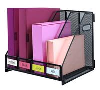 ideallife Desk Organizers, Metal Magazine File Holder with 4 Vertical Compartments Rack File Organiser Document Holder for Home Office Stationery Storage - Black