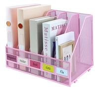 ideallife Desk Organizers, Metal Magazine File Holder with 5 Vertical Compartments Rack Binder File Organizer for Office Supplies, Home Workspace - Pink