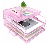 ideallife Letter Trays Stackable with Top Stationery Holder, 2-Tier Metal Desk Organizer Tray, Paper Filing Tray for Office Supplies - Pink