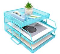 ideallife Letter Trays Stackable with Top Stationery Holder, 2-Tier Metal Desk Organizer Tray with 2 Pen Holder, Paper Filing Tray for Office Supplies - Blue
