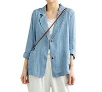 IDEALSANXUN Cotton Linen Blazer for Womens Long Sleeve Loose Casual Blazer Jackets, A Blue, L