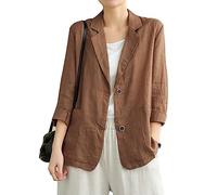 IDEALSANXUN Cotton Linen Blazer for Womens Long Sleeve Loose Casual Blazer Jackets, Brown, M