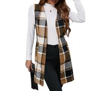 IDEALSANXUN Long Plaid Vest for Women Fall Winter Trench Coat Sleeveless Blazer Jacket Cardigan Wool Vest Top Waistcoat, Brown, XXL