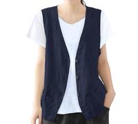 IDEALSANXUN Womens Cotton Linen Vest Casual Sleeveless Blazer Cardigans Lightweight Jacket Waistcoat, Navy, XX-Large
