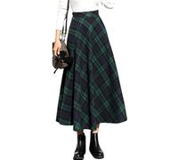 IDEALSANXUN Womens High Elastic Waist Maxi Skirt A-line Plaid Winter Warm Flare Long Skirts, Long Green, L
