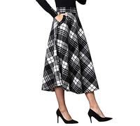 IDEALSANXUN Womens High Elastic Waist Maxi Skirt A-line Plaid Winter Warm Flare Long Skirts, Mid-Calf Black&White, M