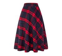IDEALSANXUN Womens Plaid Wool Skirts Elastic Waist A-Line Pleated Tartan Long Skirts, Long Red, XXL