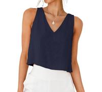 IDEALSANXUN Womens V Neck Cropped Linen Tank Tops Spring Summer Sleeveless Shirts, Navy, L