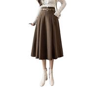 IDEALSANXUN Wool Midi Skirts for Womens High Waisted A Line Pleated Belted Fall Winter Skirts, Coffee, S