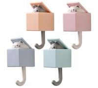 IDEANATEGRATE 4pcs Cute Cat Self-Adhesive Wall Hooks, No-Trace Cartoon Cat and Mouse Design, Strong Gravity Sensor Hooks for Bathroom, Kitchen, and Door Hanging Organization
