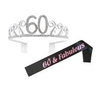 IDEANATEGRATE 60th Birthday Party Sash with Rhinestone Crown Hair Comb, Crystal Headpiece Tiara and Elegant Etiquette Belt for Women’s Celebration Accessories