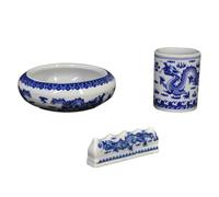 IDEANATEGRATE Blue and White Porcelain Brush Pen Vat Set Small Ceramic Ink Brush Washing Jar and Pen Rest for Calligraphy and Painting Supplies Desk Organizer for Artists and Writers