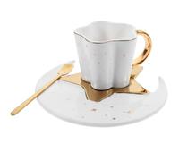 IDEANATEGRATE Ceramic Coffee Mug with Saucer and Spoon 120ml White Delicate Milk Cup Suitable for Coffee Shop and Personal Use with Star and Moon Dish Design