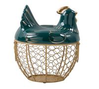 IDEANATEGRATE Chick Shape Egg Storage Basket with Lid Green Iron Art Egg Holder Ceramic and Iron Material Space Saving Storage for Kitchen Countertop and Home