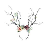 IDEANATEGRATE Christmas Antler Headband with Fabric Branch and Flower Design, Festive Hair Accessories for Halloween and Christmas Party, Unique and Adorable Deer Horn Hairband