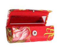 IDEANATEGRATE Vintage Embroidered Floral Silk Lipstick Holder with Mirror Portable Red Cosmetic Pouch for Women Featuring Hand Embroidery and Stainless Steel, for Traveling and Organizing