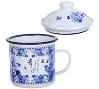 IDEANATEGRATE Vintage Enamel Mug with Lid 700ml Thick Retro Blue and White Porcelain Tea Cup Sturdy Water Cup for Camping Picnic and Home Use