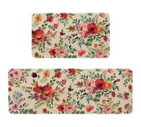 Ideasonna Floral Kitchen Rugs Sets of 2 Non Slip Washable, Spring Red Watercolor Flower Farmhouse Kitchen Mats for Floor 2 Piece Indoor Home Decor