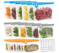 IDEATECH Freezer Bags Silicone 20 Pack Resealable with Stainless Steel Rack Leakproof Stand Up Washable Fridge Plastic Zip Lock Food Storage for Kitchen