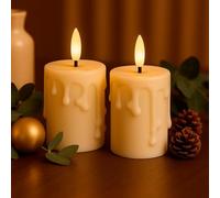 Ideen mit Herz Real Wax Coated LED Candles | Pack of 2 | Cream | Christmas | Warm White | Realistic Flame Effect | Timer Function | Battery Operated (with Wax Drops)