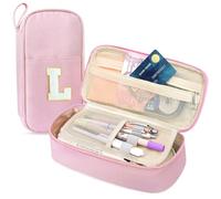 Idefair Cute Pencil Case, Preppy Pencil Pouch Aesthetic Pen Case with Finger Loop, Large Capacity Pencil Bag with Double Zipper School Supplies for Girls (Letter L, Pink)