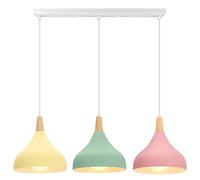 iDEGU 3 Retro E27 Pendant Light Modern Style Drop Hat Ceiling Light Metal Wood Ceiling Lamp for Dining Room Living Room Kitchen Diameter 20 cm (Green+Pink+Yellow, Bar)