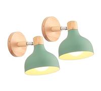 iDEGU Set of 2 Retro Interior Wall Light 15 cm Adjustable Wooden Metal E27 Industrial Spotlight LED Ceiling Light Vintage Wall Lighting for Living Room Bedroom Bathroom (Green)