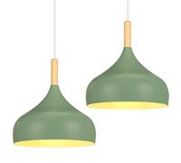iDEGU Set of 2 Retro Pendant Ceiling Lights 24CM Modern Scandinavian Style Hanging Lampshade E27 Ceiling Light Fixture in Metal Wood Pendant Lamp for Dining Room Kitchen Living Room (Olive Green)