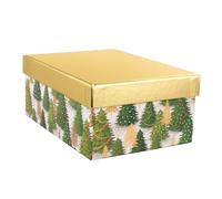 Idena 31494 - Gift Box with Lid in Size 20 x 15 cm, Gift Box for Christmas with Christmas Trees in Green and Gold