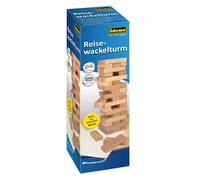 Idena 40088 Wooden Wobble Tower Travel Game with 54 Building Blocks and Storage Bag Approx. 4.8 x 4.8 x 14.4 cm Stacking Tower