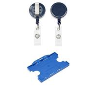 Identity-Plus: Navy Blue Retractable YoYo Badge Reel with Dual Double Sided Landscape ID Card Holder (Light Blue)