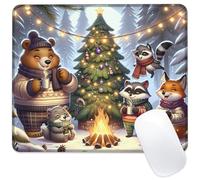 Identiy Christmas Small Mouse Pad, Bonfire and Winter Forest Animals Gaming Desk Mat for Keyboard and Mouse, Non-Slip Rubber Base Stitched Edges Desk Pad for Computer Laptop Home Office 9.4"x7.9"