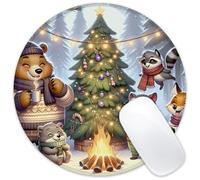 Identiy Christmas Small Mouse Pad, Bonfire Winter Forest Animals Round Gaming Desk Mat for Keyboard and Mouse, Non-Slip Rubber Base Stitched Edges Desk Pad for Computer Laptop Home Office 8.6"x8.6"
