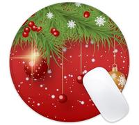 Identiy Christmas Small Mouse Pad, Christmas Balls Fir Tree Branches Round Gaming Desk Mat for Keyboard and Mouse, Non-Slip Base Stitched Edges Desk Pad for Computer Laptop Home Office 8.6"x8.6"