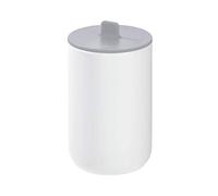 iDesign 28612 Storage Box with Lid, Small Bathroom Storage Pot for Cosmetics and Make-Up, Round Plastic Cotton Bud and Cotton Pad Holder for the Bathroom, White/Grey, 8 cm diameter x 13 cm