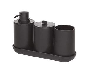 iDesign 28737 Bathroom Accessories Set, 4-Piece Sink Tidy with Soap Dispenser, Toothbrush Holder, Cotton Pad Dispenser and Tray, Made of Plastic, Black, 24.5 cm x 8.9 cm x 16.2 cm