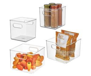 iDesign 4-Piece 50% Recycled Plastic Fridge Organiser Bin Set, Made in the USA - Versatile Design Ideal for Freezer, Fridge, Larder, and Cupboard Organisation - Set of 4, Clear