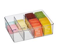 iDesign 4-Section Storage Bin for Tea Bags, Sweeteners, and Spices in Pantry or Cabinet, Clear