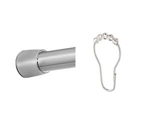 iDesign 78570 Shower Curtain Rail, Short Stainless Steel Tension Rod, Matte Silver & 76770EU Rings, Metal and Plastic Tension Rod, Set of 12 Practical Shower Curtain Hooks, Clear/Silver