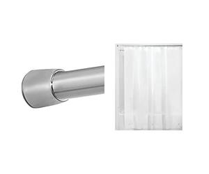 iDesign 78670 Shower Curtain Rail, Medium Length Stainless Steel Tension Rod, Matte Silver & Shower Curtain with Magnetic Hem, Stylish and Water Repellent Shower Liner for Bathroom, Frost White