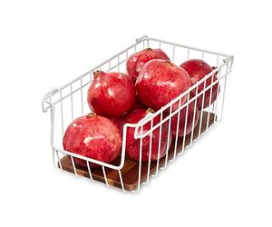 iDesign 95393EU The Ría Safford Collection Wire Basket, Open Front Cupboard Made from Metal and Acacia Wood, Kitchen Storage and Organisation, White and Natural, 18/10 Steel