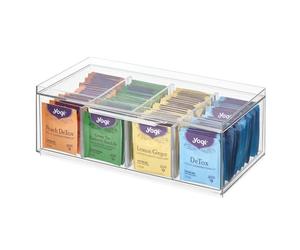 iDesign Tea Caddy for Tea Bags, Multi-Compartment Tea Box with Lid for Cupboards and Countertops, Made from Plastic, Kitchen Storage and Organisation, Transparent, 12.59" x 6.23" x 4.57"