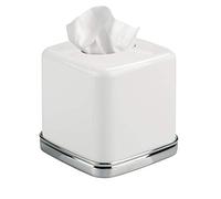 iDesign York Facial Tissue Box Cover, Vintage Holder for Bathroom Vanity Countertops, Stainless_Steel, Chrome and White, 5.75" x 5.75" x 5.5"