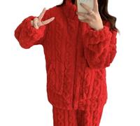 IDETECTOR Thick Pajamas Autumn Winter Sweet Coral Fleece Pajamas Women Thickened Zip-Up Warm Home Wear Set-Red-Xxl(67.5-80Kg)