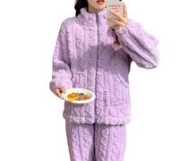 IDETECTOR Thick Pajamas Autumn Winter Sweet Coral Fleece Pajamas Women Thickened Zip-Up Warm Home Wear Set-Purple-Xxl(67.5-80Kg)