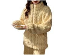IDETECTOR Thick Pajamas Autumn Winter Sweet Coral Fleece Pajamas Women Thickened Zip-Up Warm Home Wear Set-Beige-Xl(60-67.5Kg)