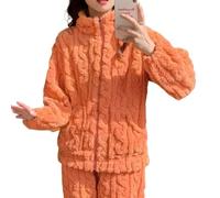 IDETECTOR Thick Pajamas Autumn Winter Sweet Coral Fleece Pajamas Women Thickened Zip-Up Warm Home Wear Set-Orange-Xxl(67.5-80Kg)